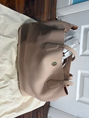 Tory Burch Blush Pebbled Leather Tote with Logo Medallion
